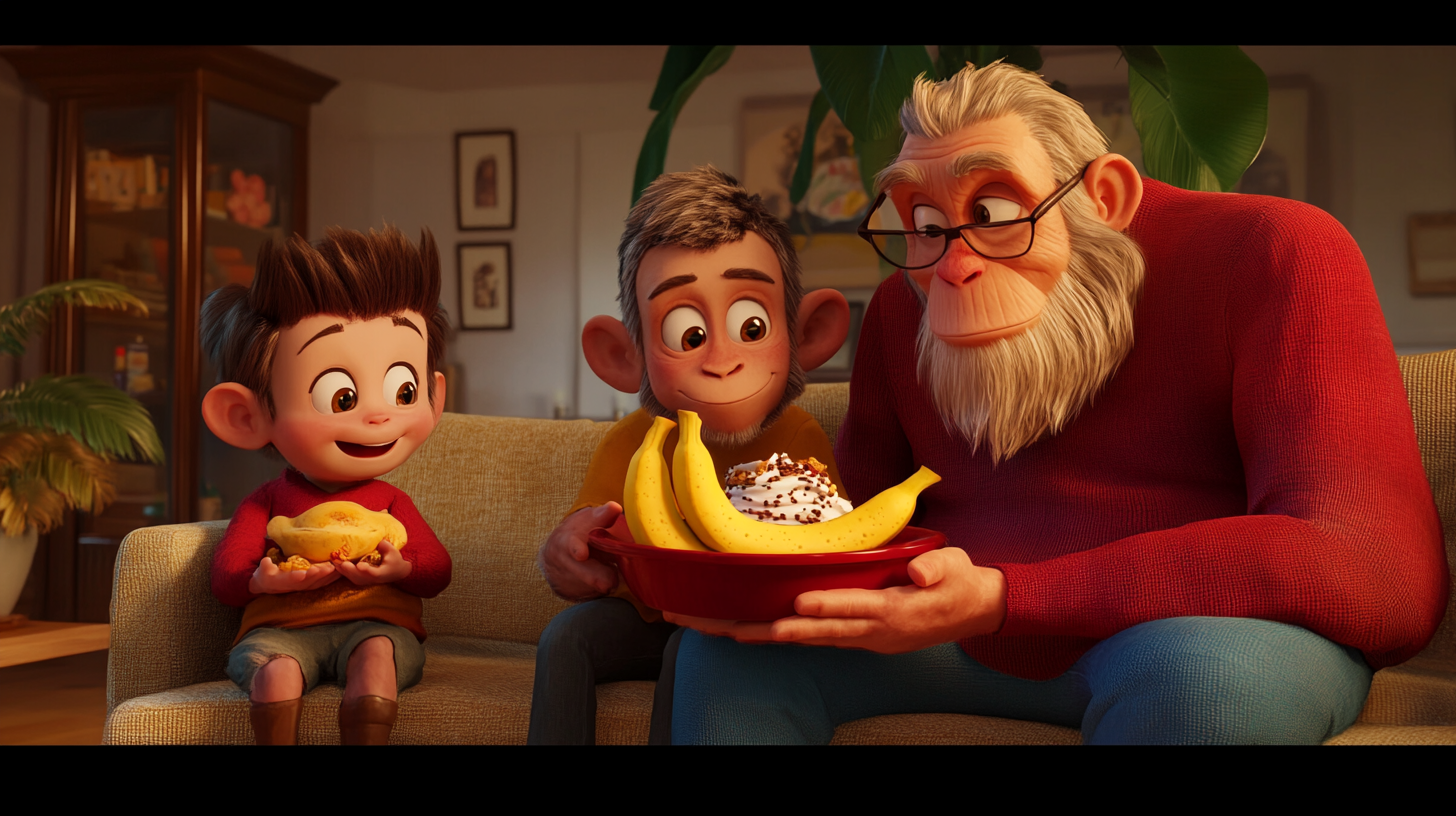 Timmy, Banjo, Grandpa watch animated banana split.