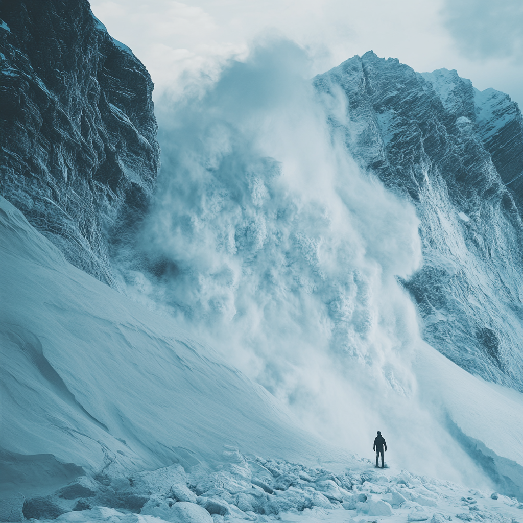 Tiny Person Faces Big Avalanche On Mountain