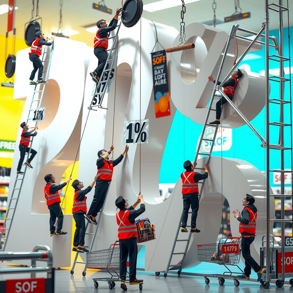Tiny Workers Building a Giant Discount Sign