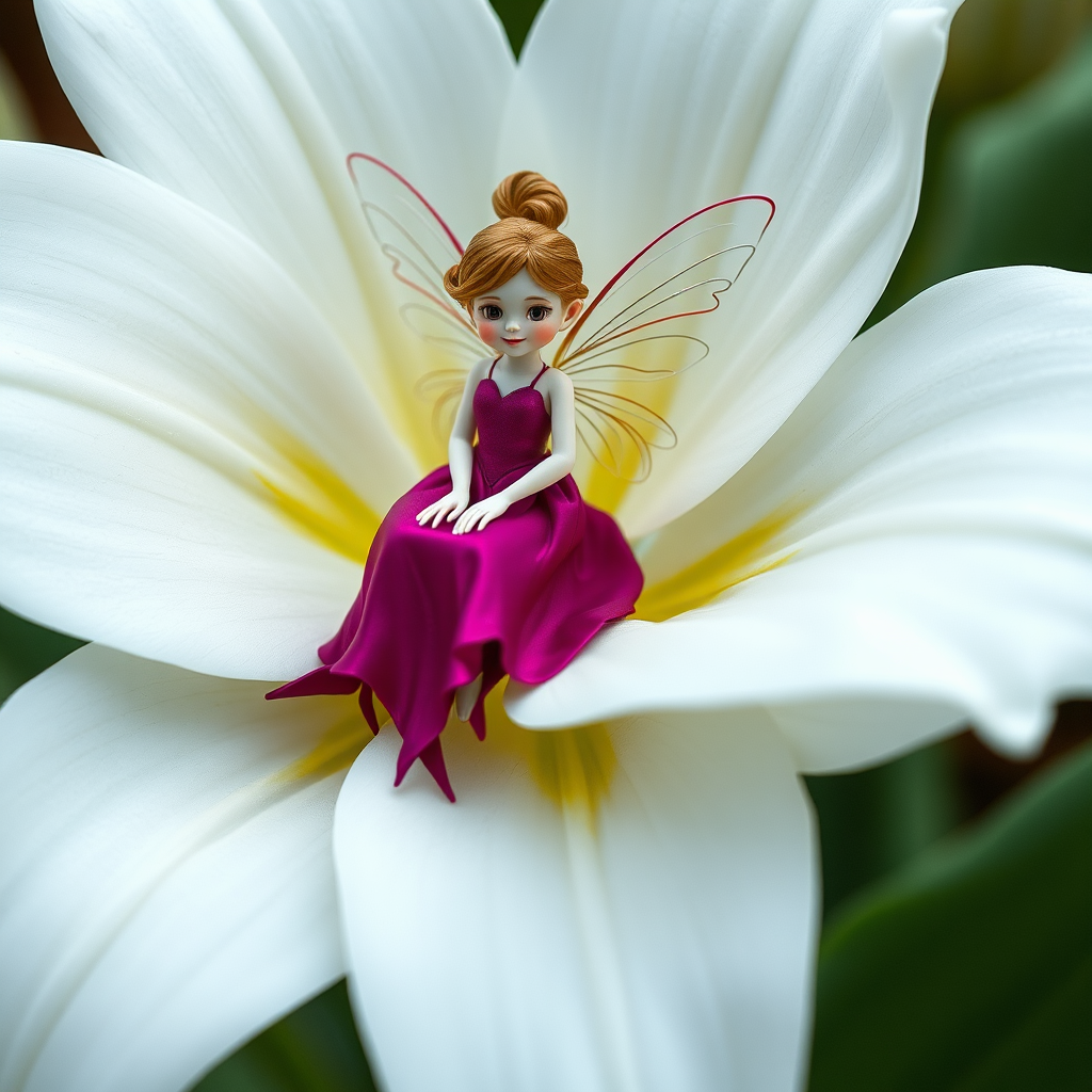 Tiny fairy in magenta dress on lily petal.