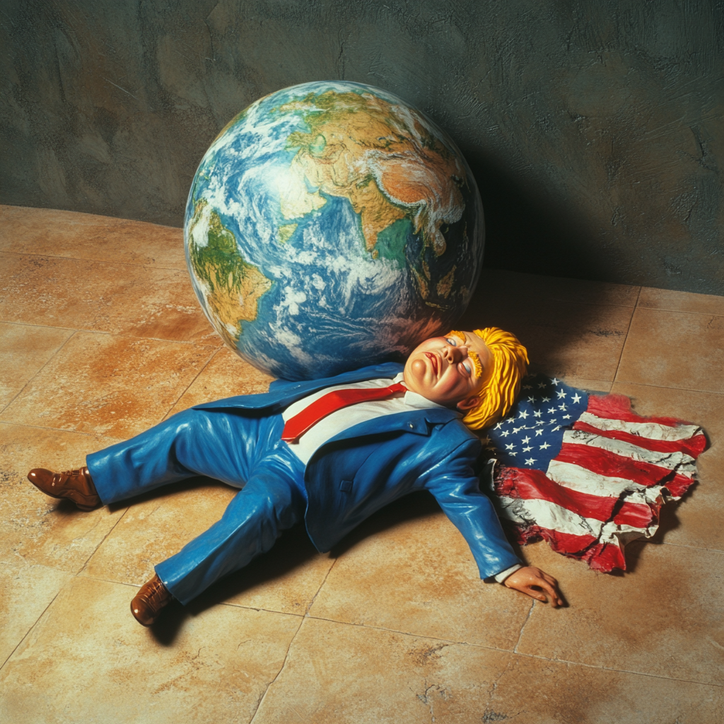 Tiny fat man crushed by large globe.