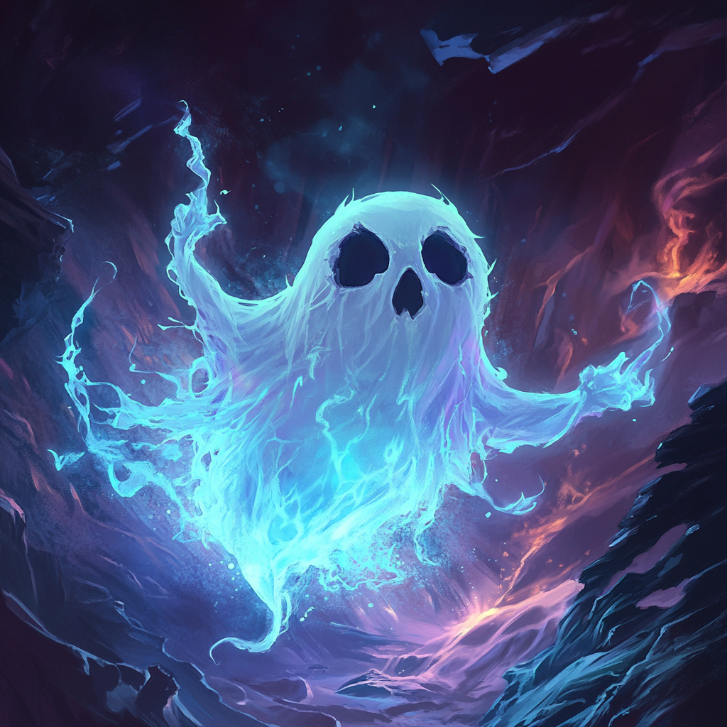 Tiny ghost flying through dark hell-like backdrop in game.