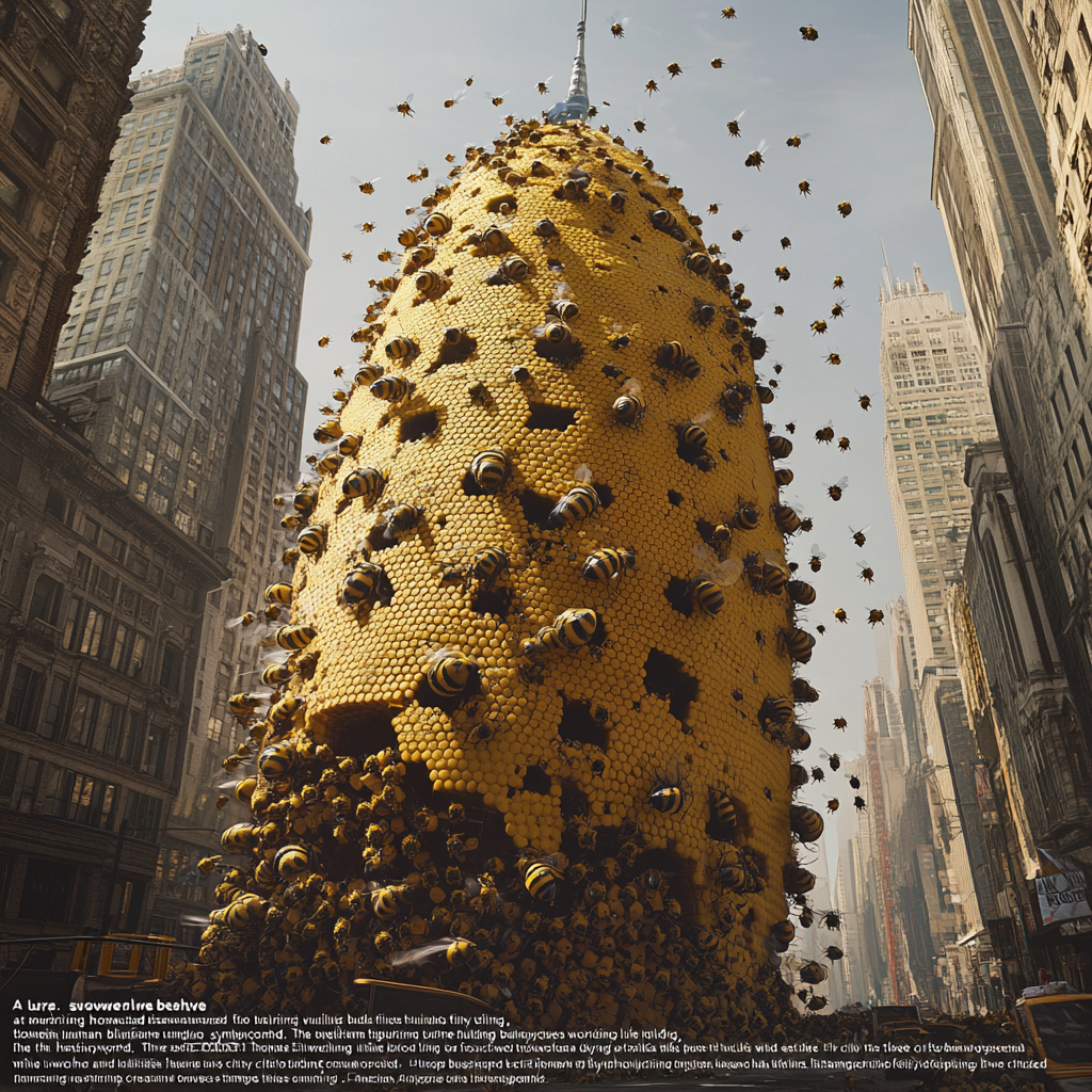 Tiny human bees work on surreal beehive atop building.