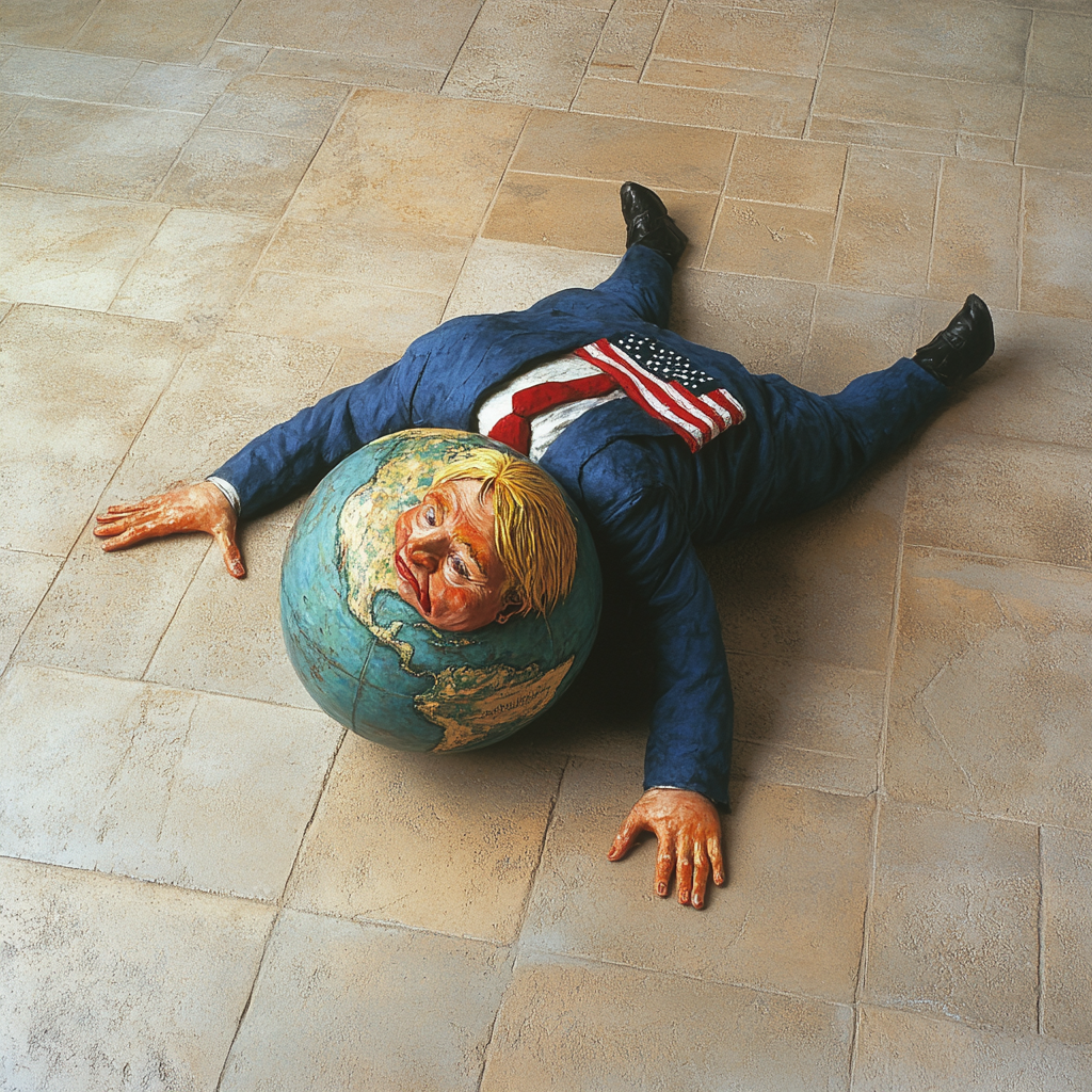 Tiny man crushed by giant globe, surrounded by American flag.