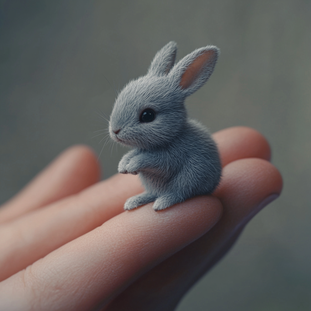 Tiny newborn rabbit on thumb - close-up photo