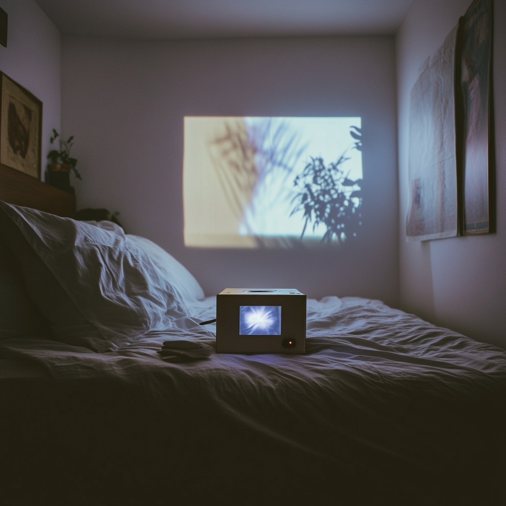 Tiny projector shines movie on white wall in bedroom.