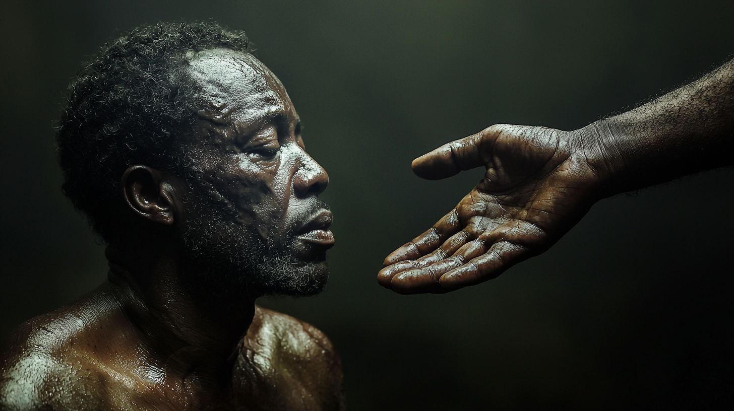 Tired African man, sweaty, worn out, God's hand.