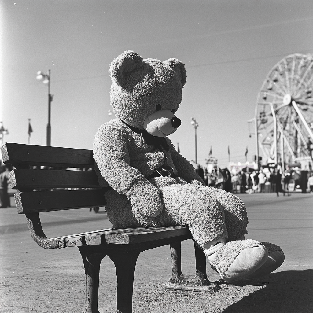 Tired Bear Man Mascot Resting at Amusement Park