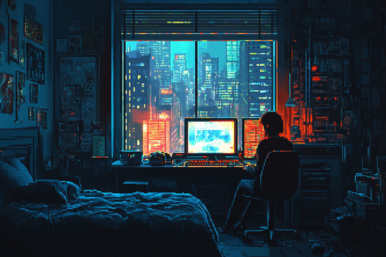 Tired Woman's Neon Lit Bedroom in Cityscape