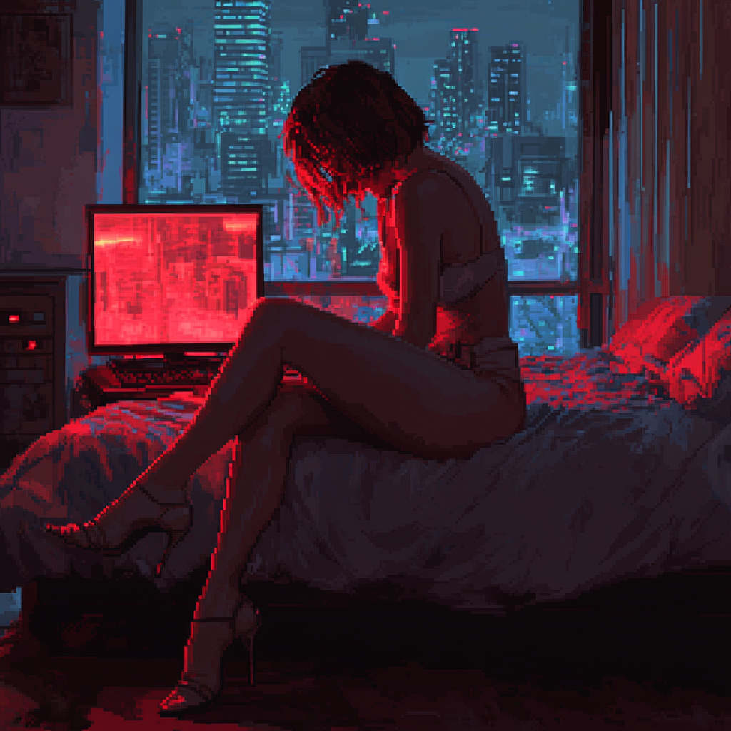 Tired Woman Unwinding in Neon-Lit Game Art Bedroom