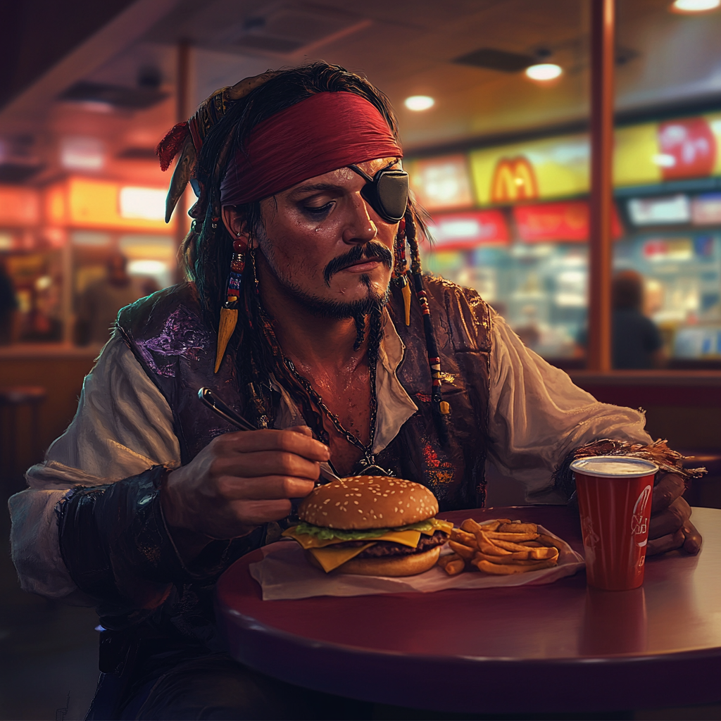 Tired but happy pirate eating burger at Burger King