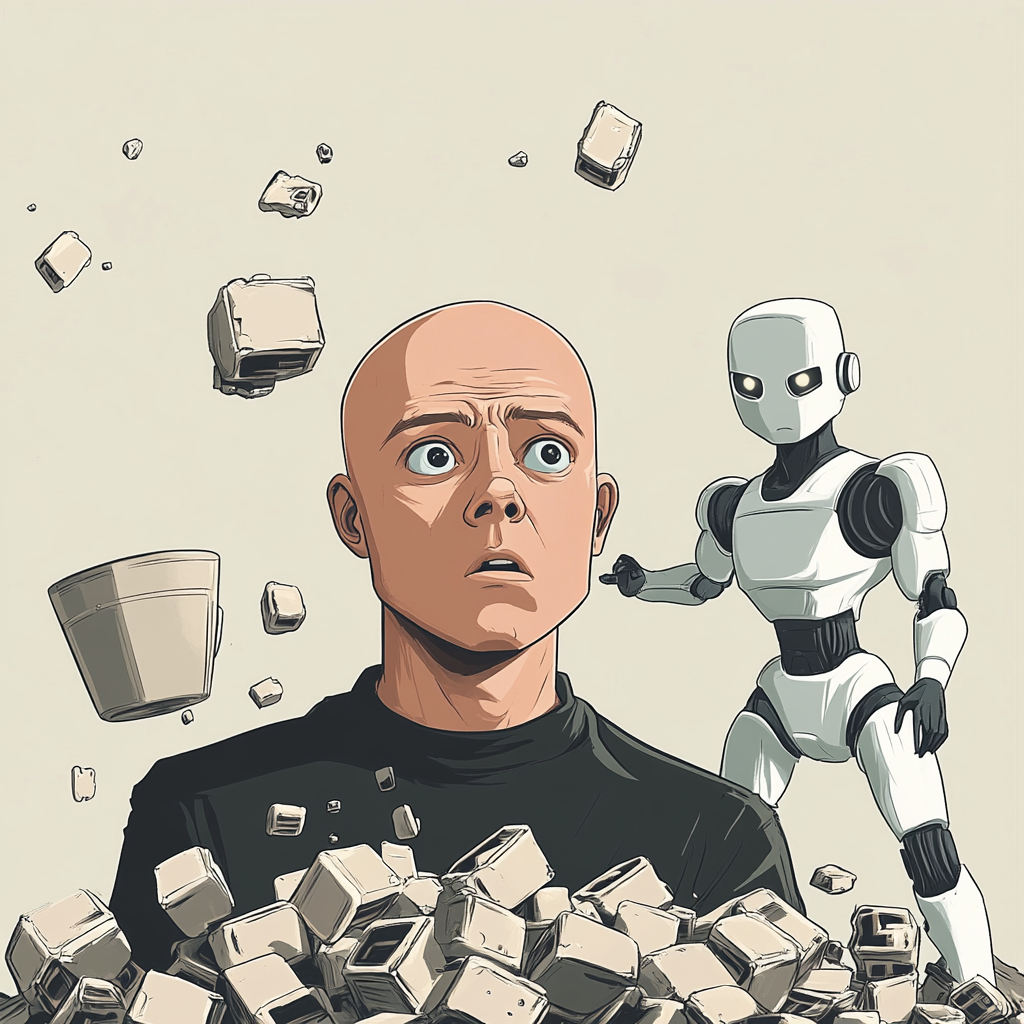 Tired man surrounded by coffee, robot full of energy.