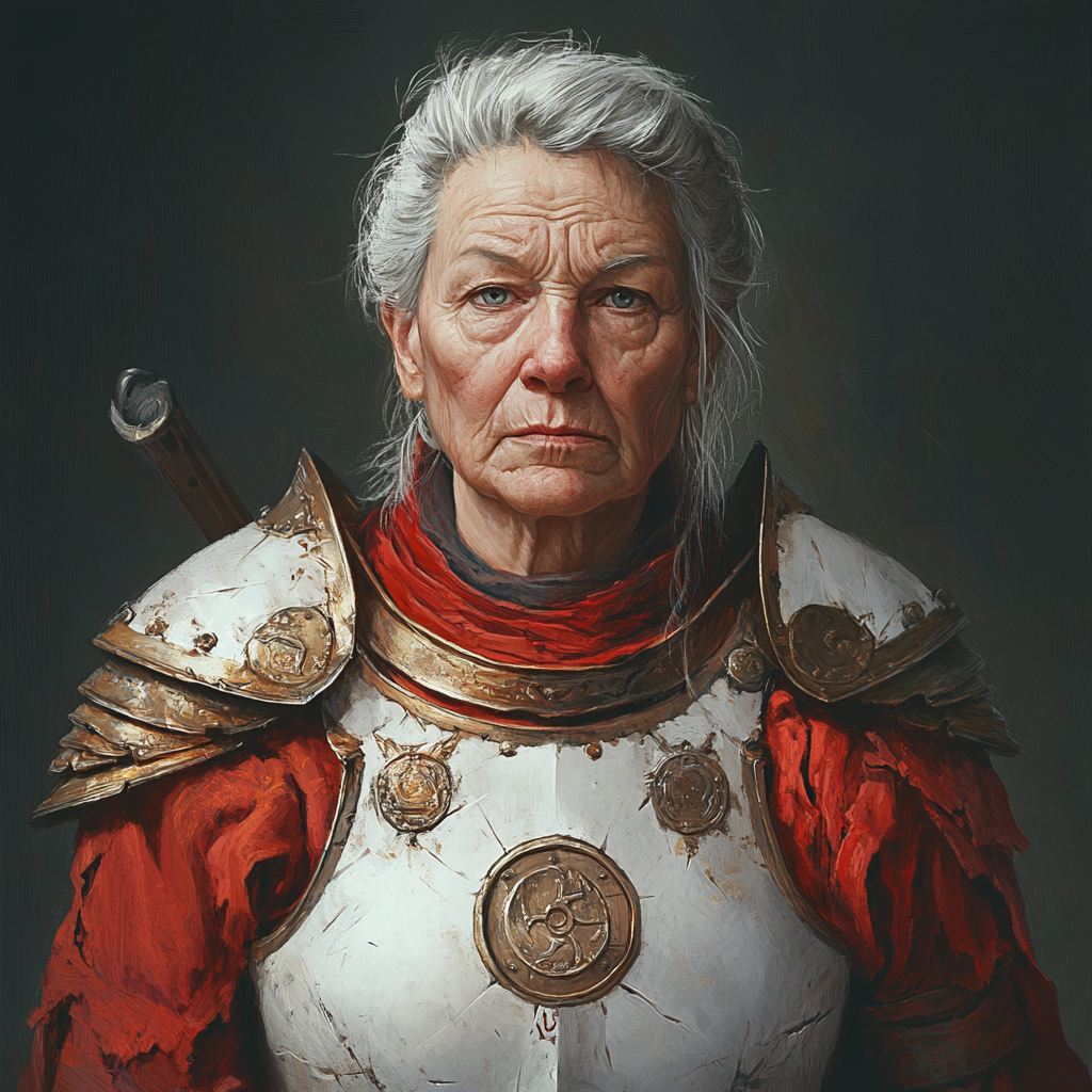 Tired old warrior woman in red armor, sad eyes