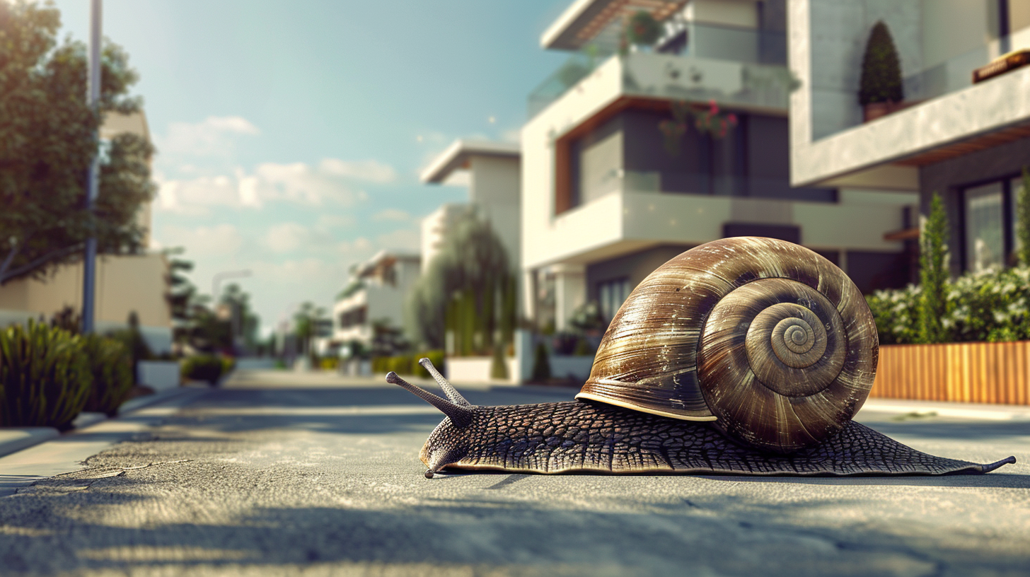 Tired real estate agent on slow snail in modern neighborhood.