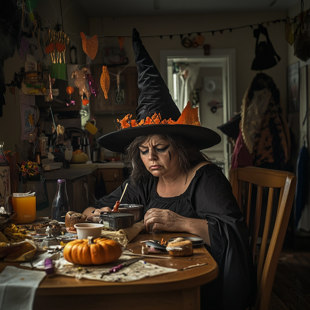 Tired woman in witch costume at lively Halloween party