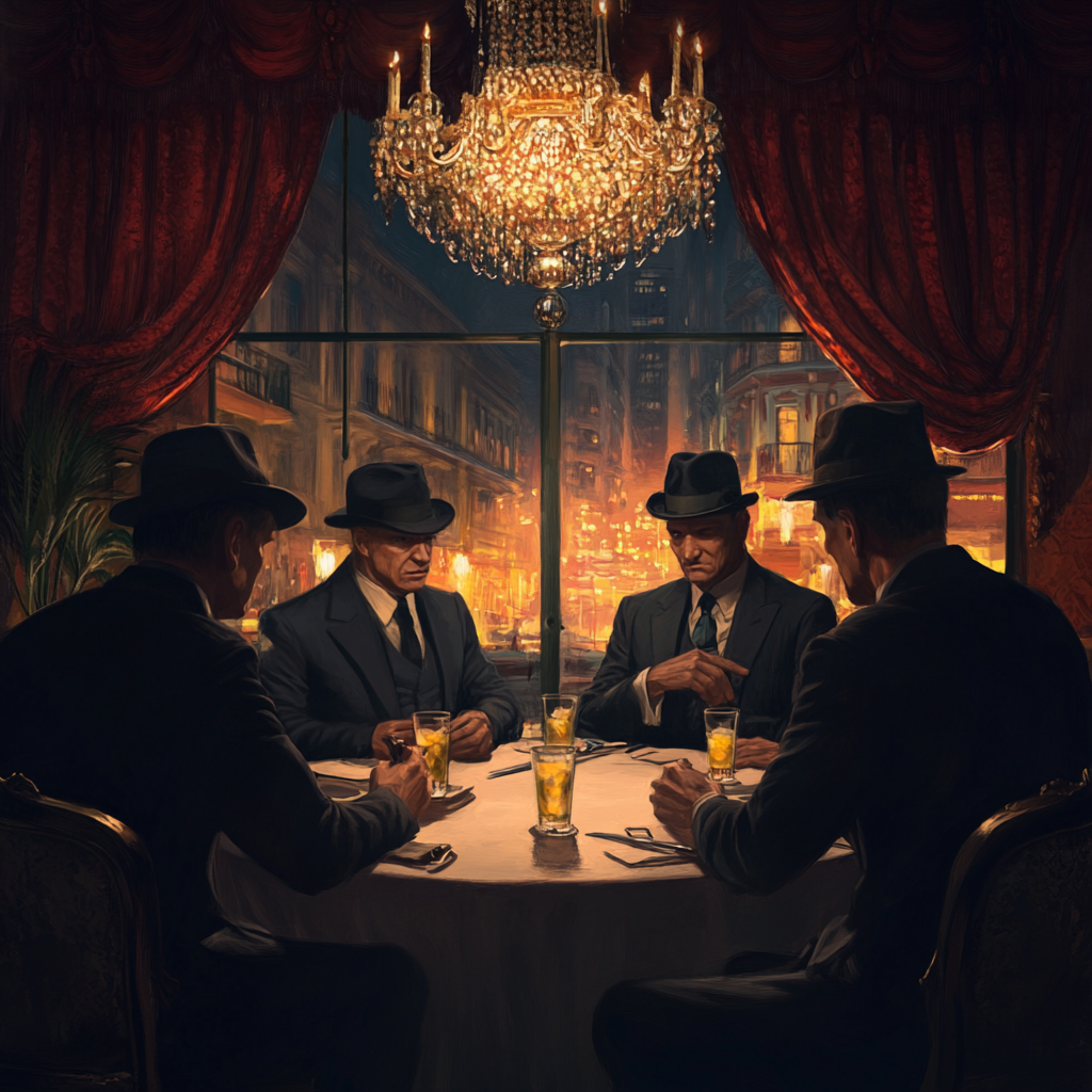 Title: Elegant Italian Mafia Scene in Dimly Lit Restaurant