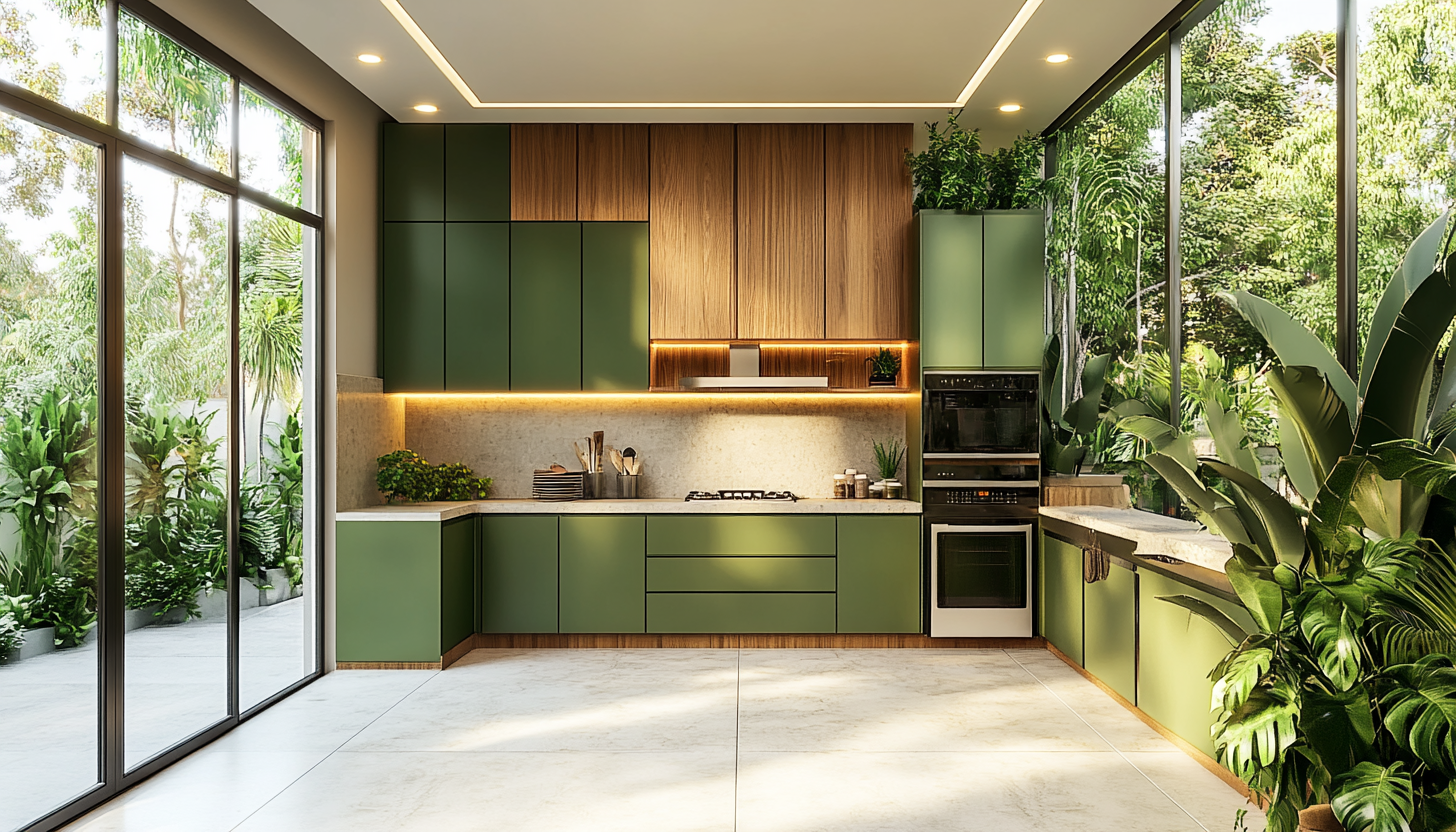 Title: Modern kitchen with green cabinets, wood, steel, sunlight, plants.