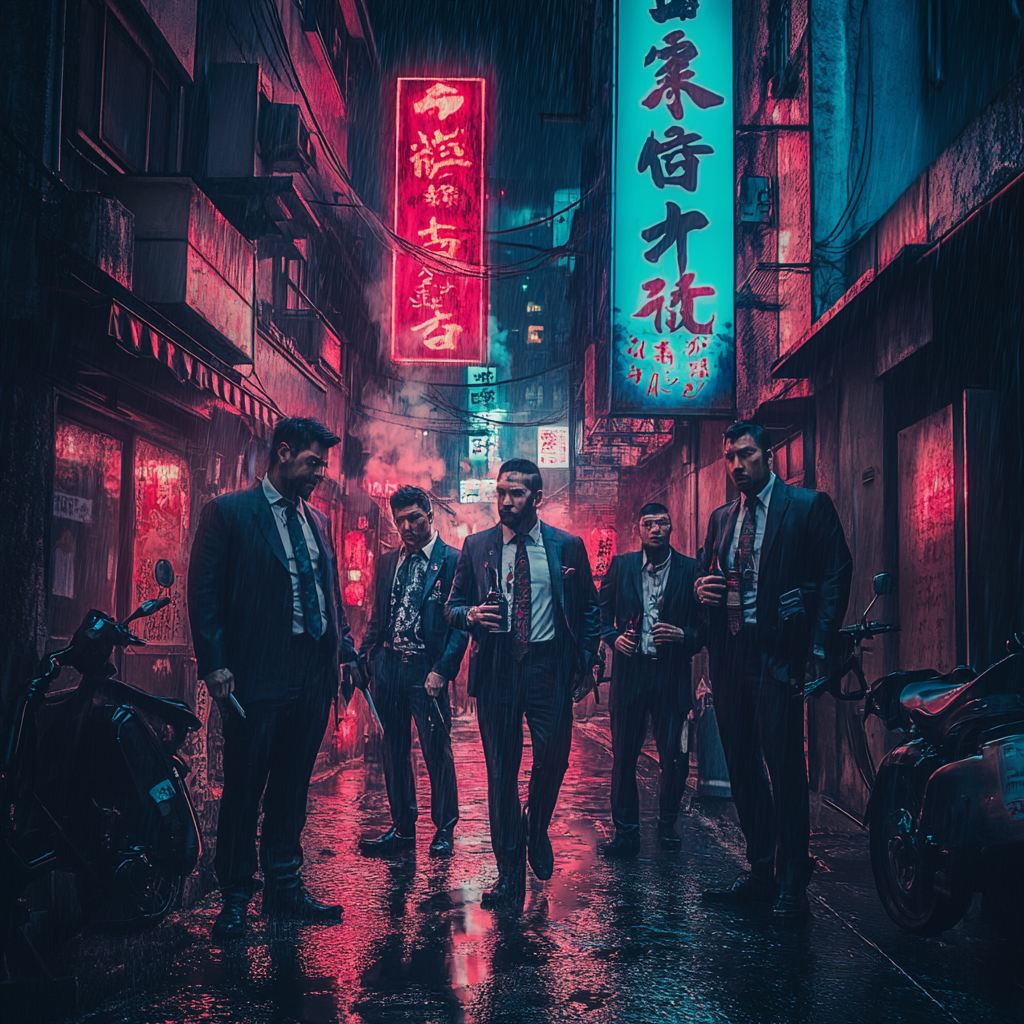 Title: Neon-Lit Tokyo Alleyway: Yakuza with Katanas and Sake