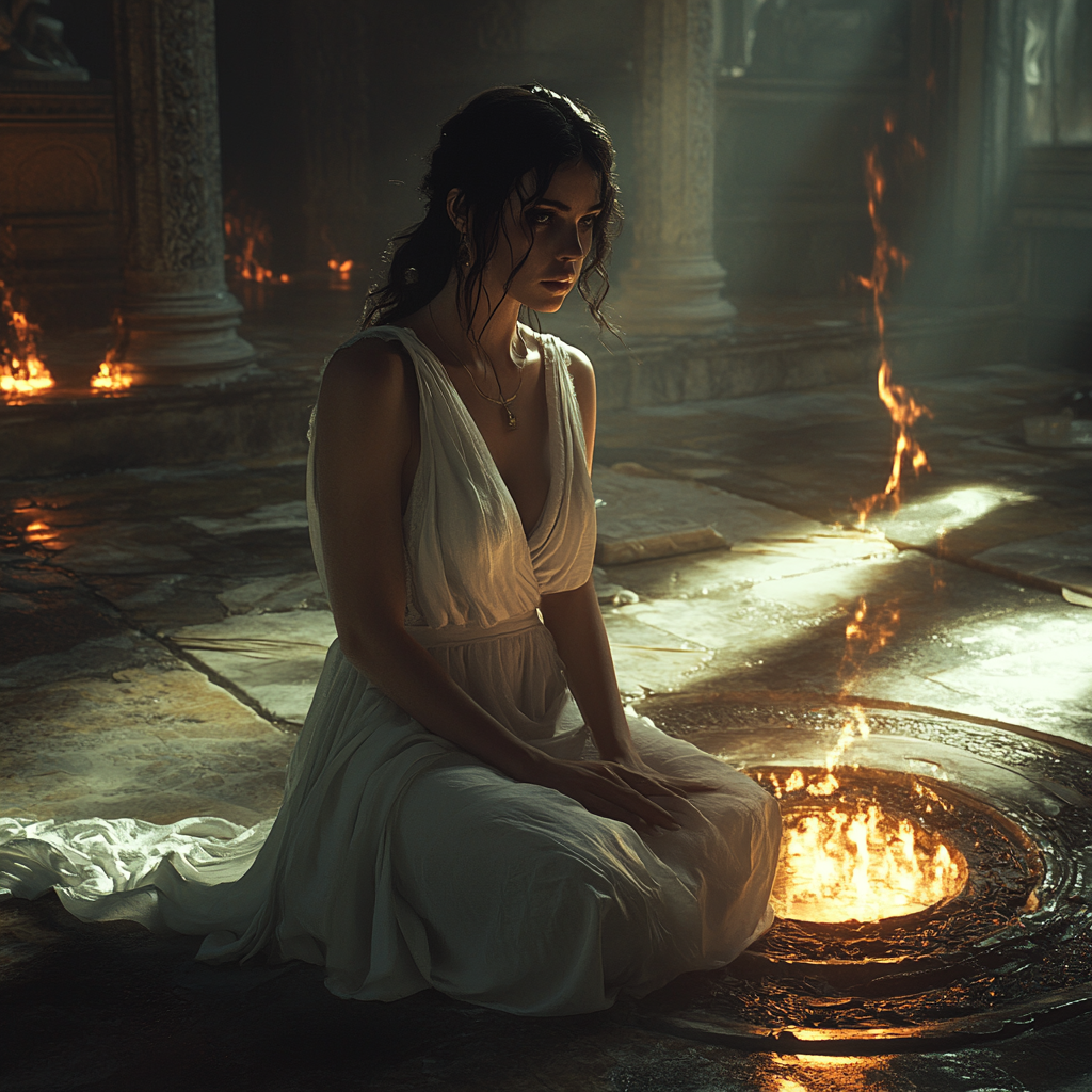 Title: Vestal Priestess Aurelia Worried Before Sacred Fire