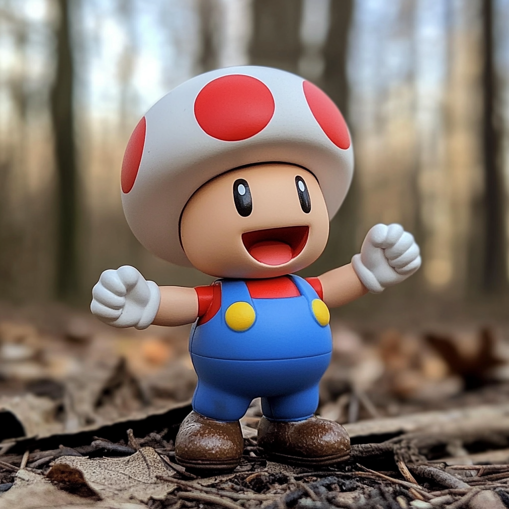 Toad plastic toy figure in blue overalls smiling.