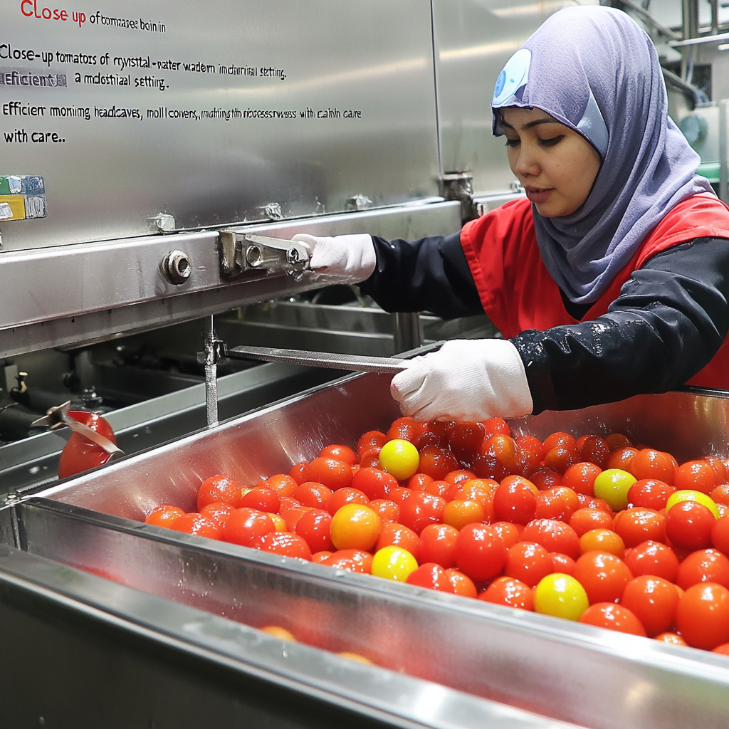 Tomatoes Washed in Water with Workers in Uniform