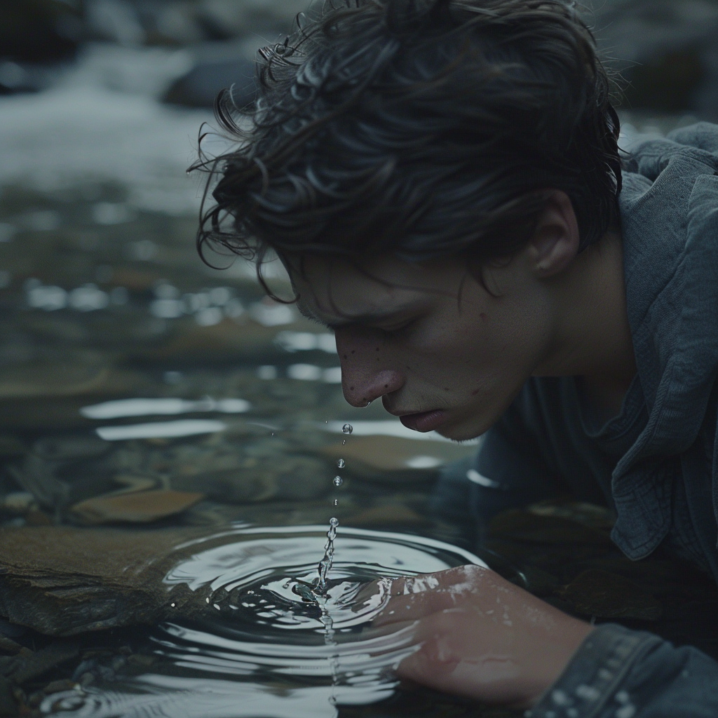 Tomás by river, tense face, ripple hinting danger.