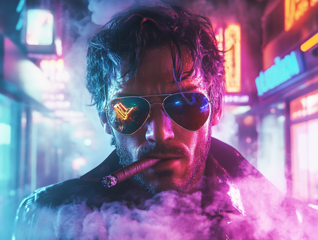 Tony Montana in Cyberpunk Neon Cityscape