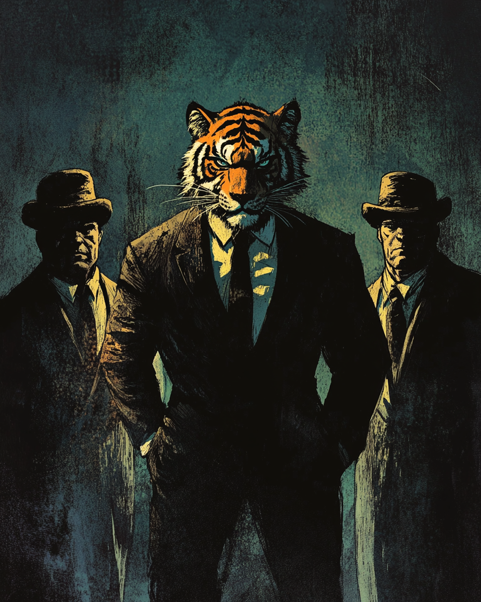 Tony the Tiger and bodyguards on noir comic cover