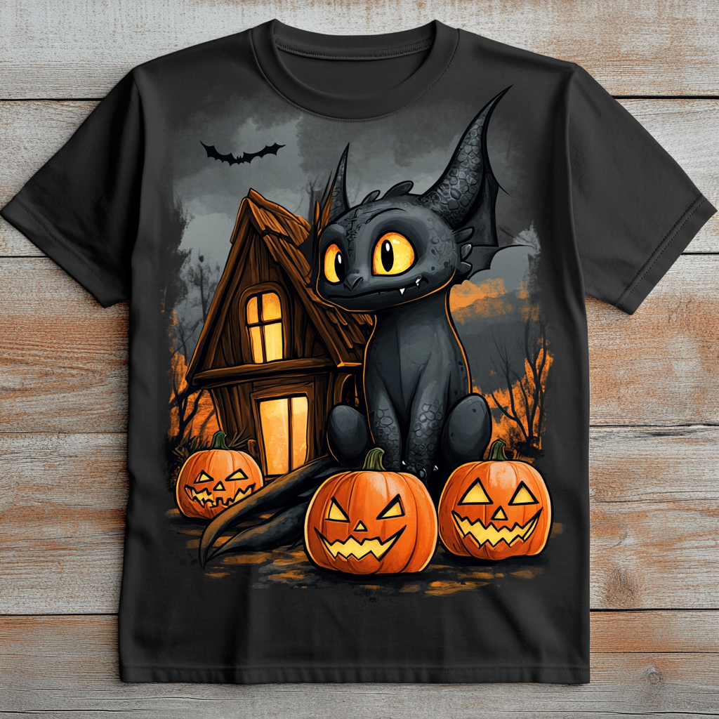 Toothless in front of haunted cabin with pumpkins.