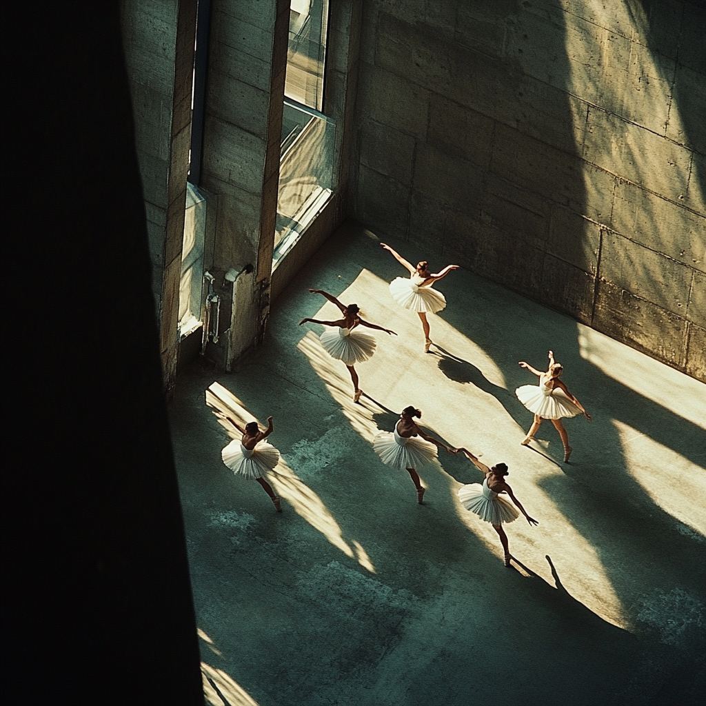 Top Down Ballerinas Dance in Brutalist Building