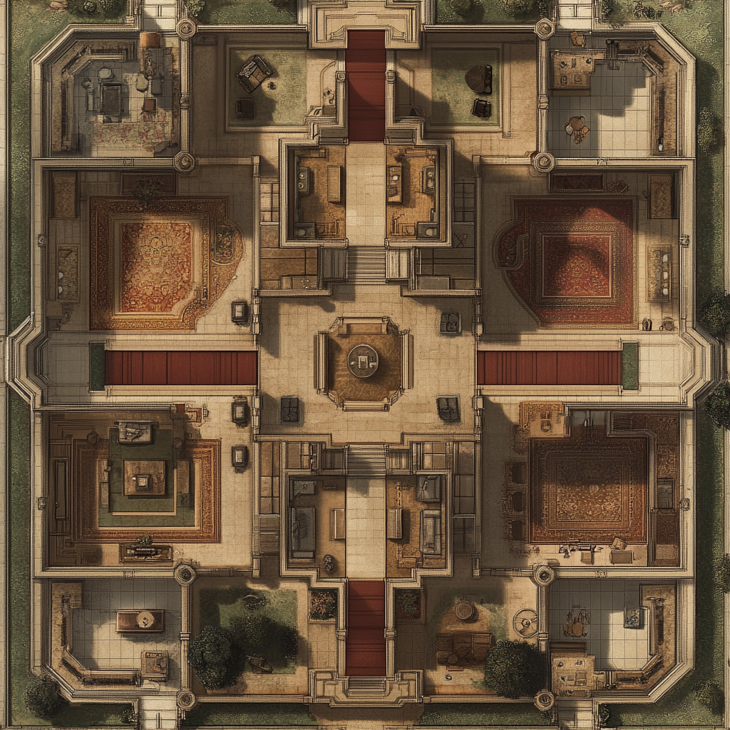 Top-Down Layout of Mansion Interior Rooms and Hallways 