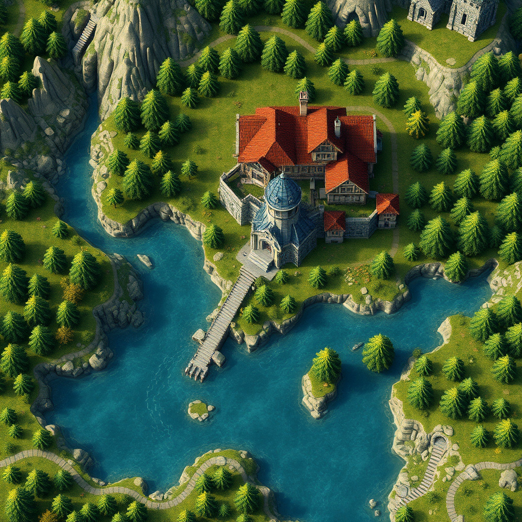 Top-Down Medieval Village with Water and Trees