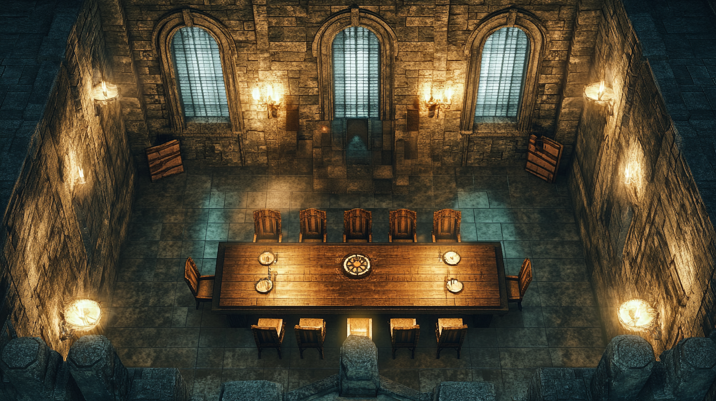 Top-down castle dining room battlemap for D&D 16:9.