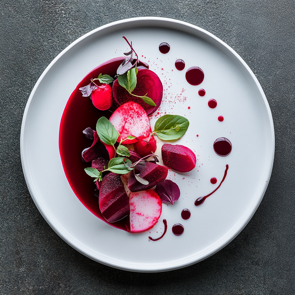 Top-down view of plate with red and pink vegetables.