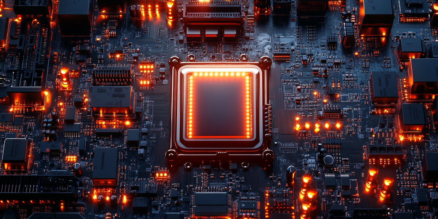 Top-down view of realistic motherboard with minimalistic appearance.