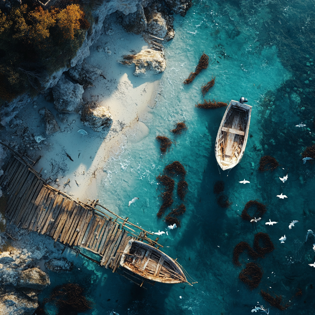 Top-down view of seashore with ruined pier and boat.