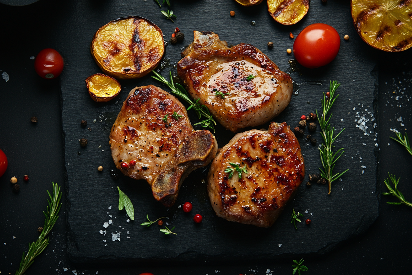 Top view close-up shot of tempting pork chops. Luxurious, elegant, mouth-watering gourmet photography.