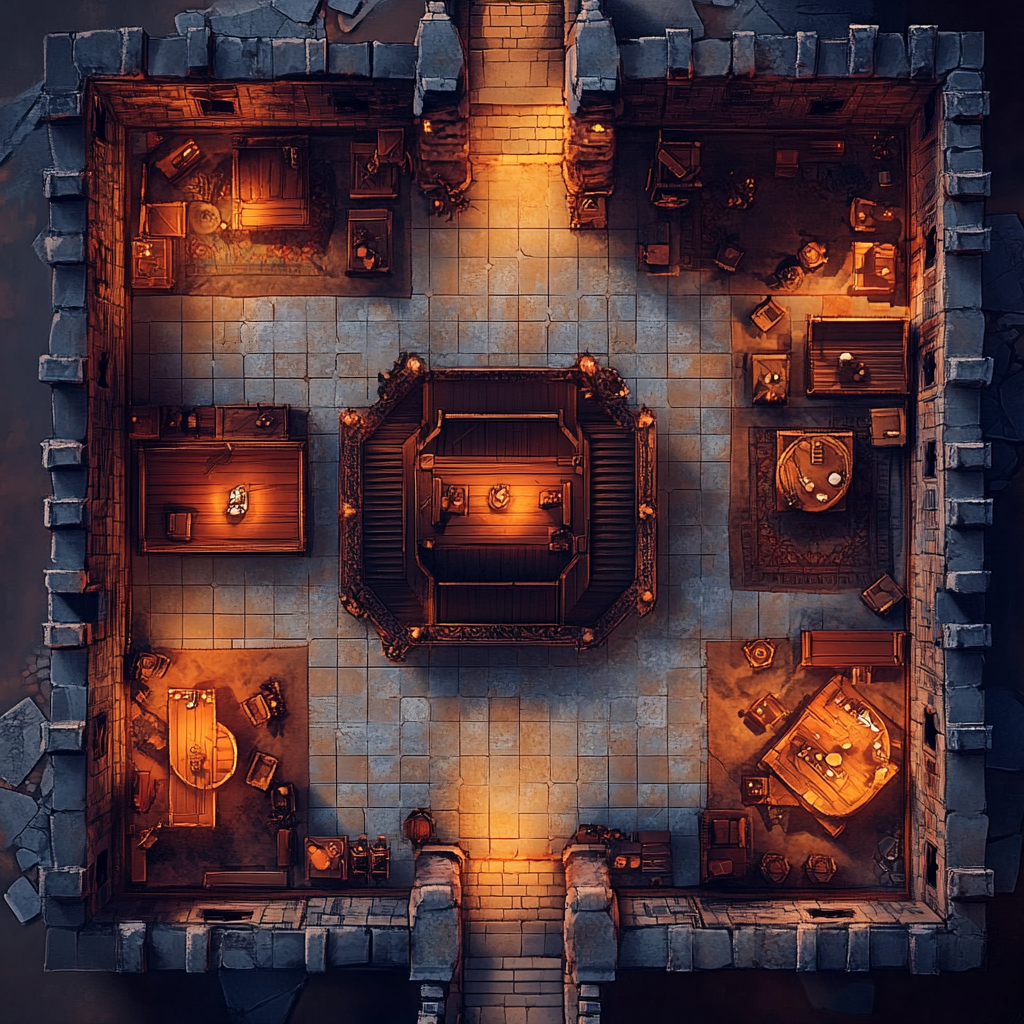 Top view of D&D castle map with rooms and weapons.