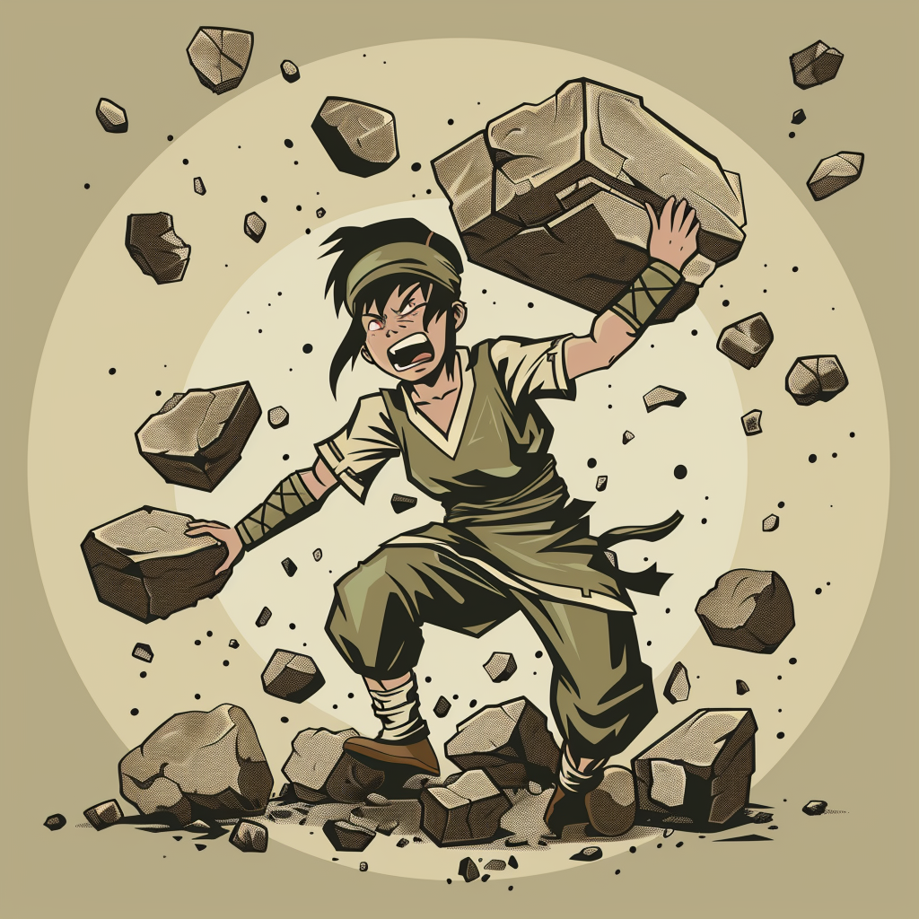 Toph from Airbender lifting stones in cartoon style.