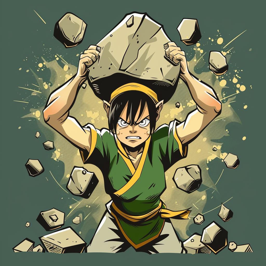 Toph from Avatar lifting heavy stones - strong outline.