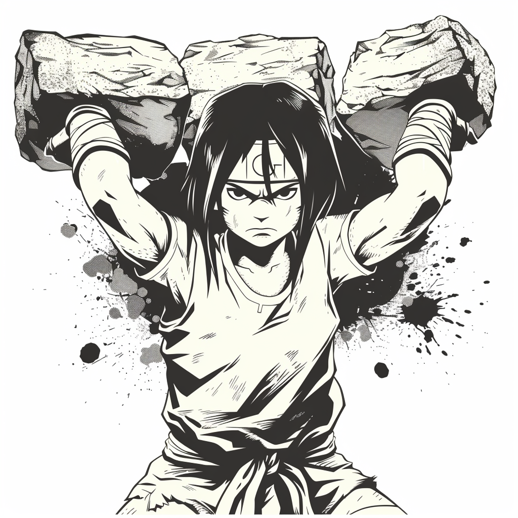 Toph lifting big stones with strained expression - vector cartoon.