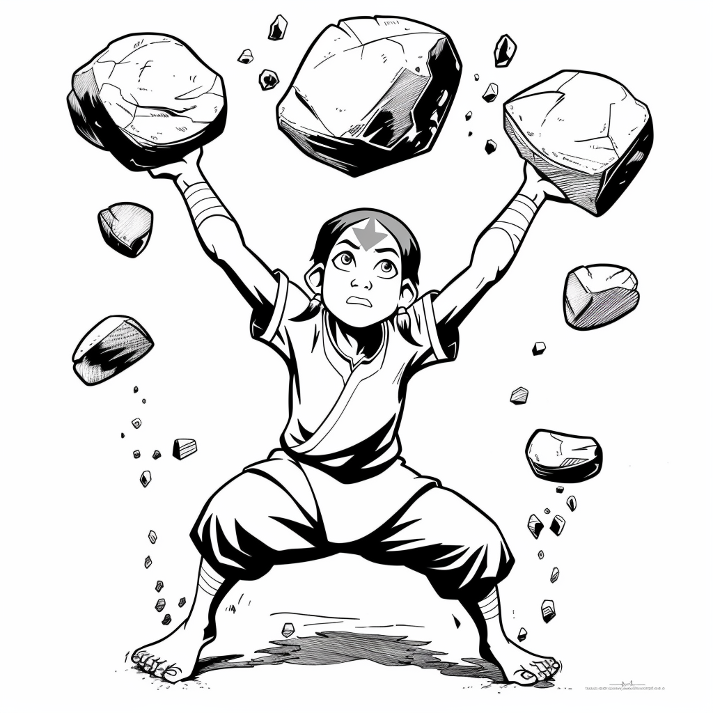 Toph lifting stones barefoot, strained expression, strong outlines.