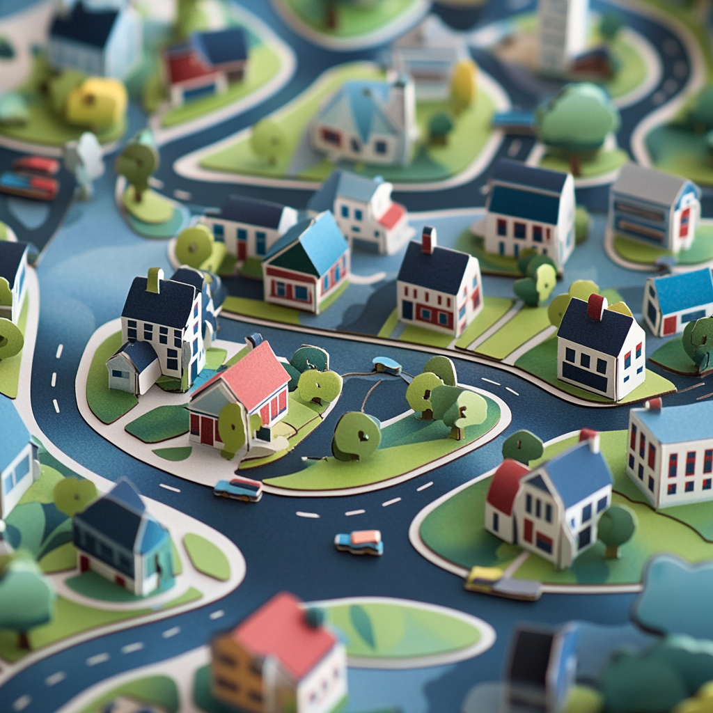 Topographic city map puzzle with colorful houses