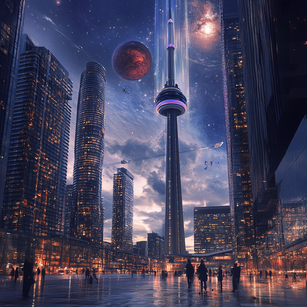 Toronto's futuristic cityscape with glass skyscrapers and statues.