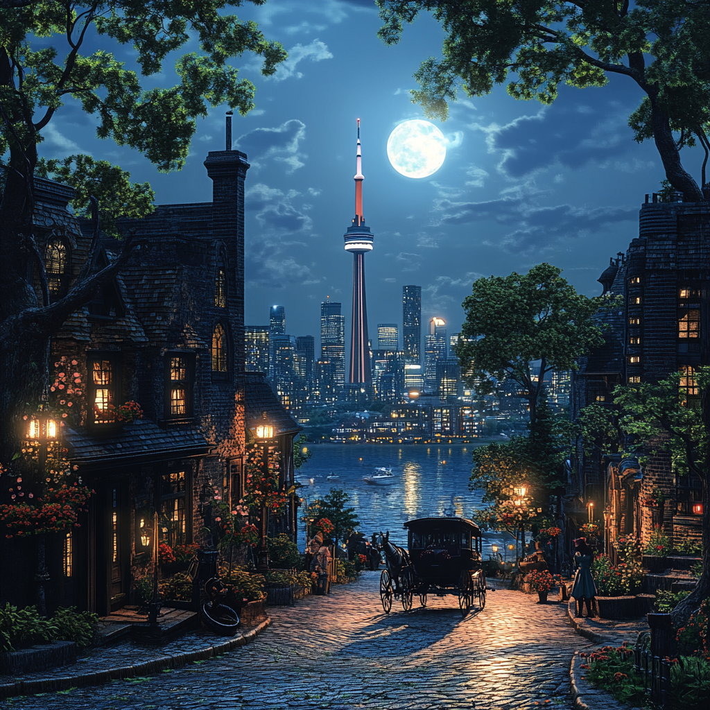 Toronto in 1900s: realistic, photographic, old houses, people.