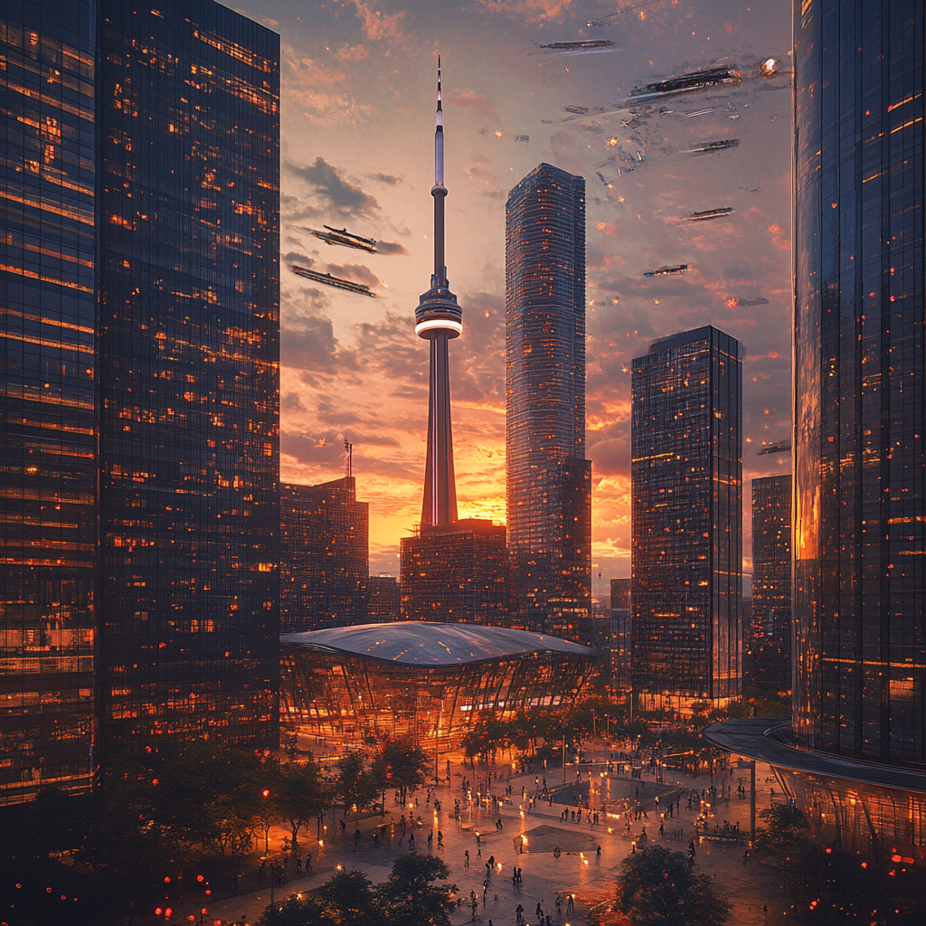 Toronto looks fascinating in the distant future. Incredible 3D rendering of glass skyscrapers, robots.