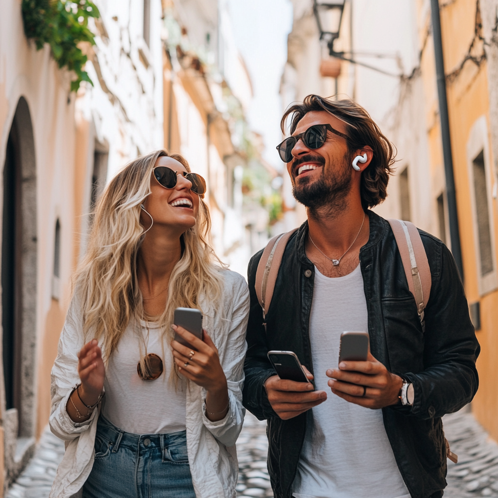 Tourists Couple Joyfully Exploring European Town On Cobblestone Street