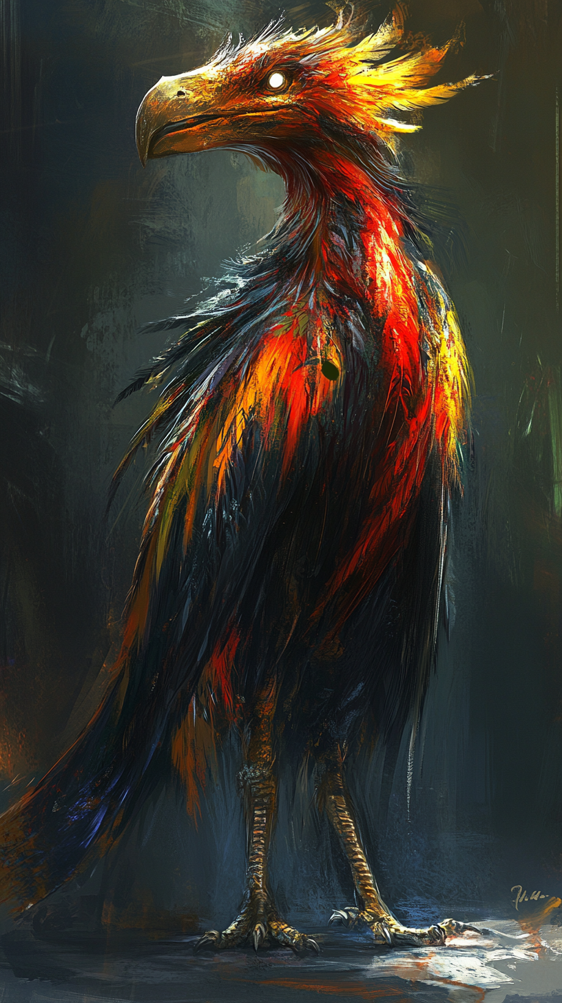 Towering humanoid bird with fiery feathers and fierce beak.