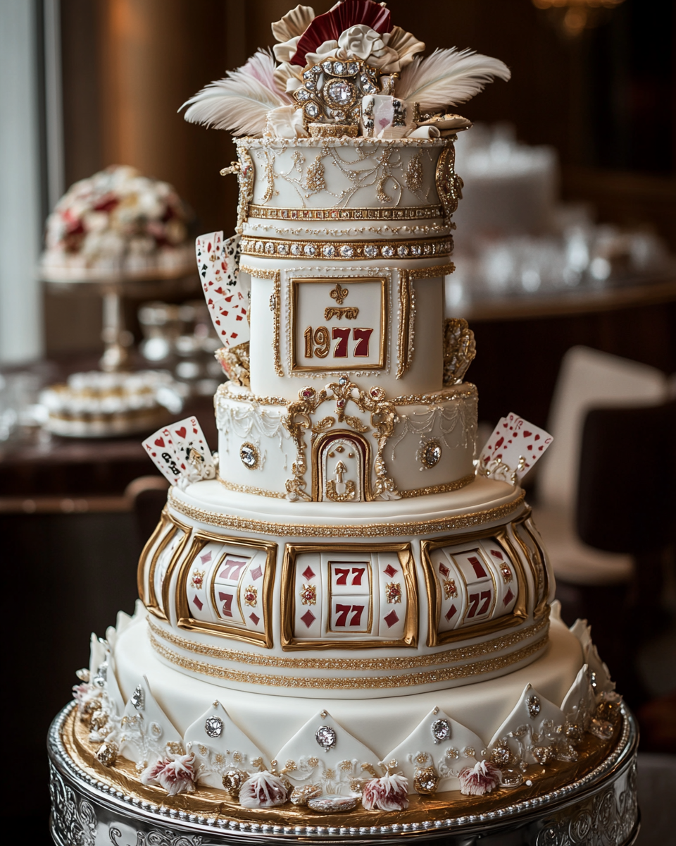 Towering slot machine wedding cake with luxurious decorations