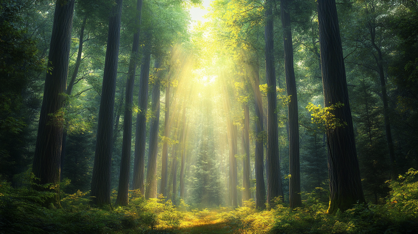 Towering tree cathedral, hauntingly beautiful, atmospheric, backlit image.